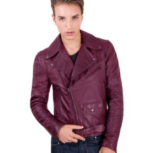 Maroon Perfecto Lamb belted leather biker jacket