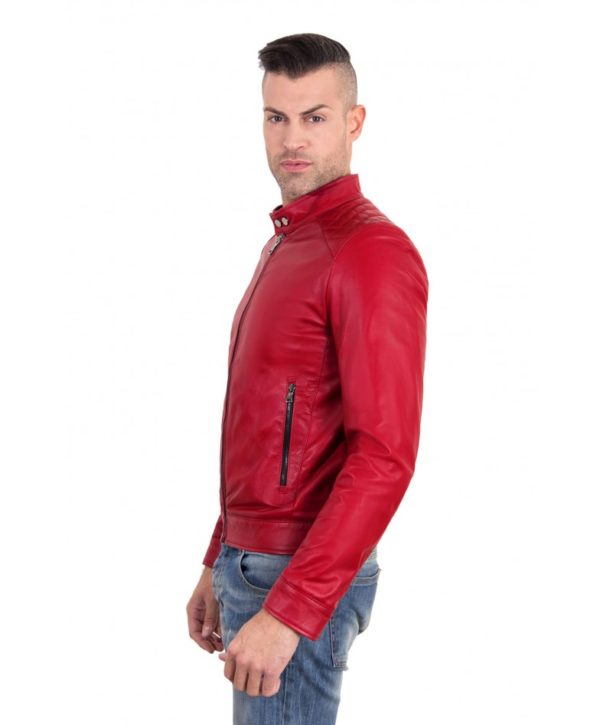 Red Color Nappa Lamb Quilted Leather Biker Jacket