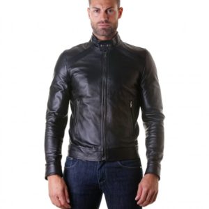 Black Nappa Lamb Leather Biker Jacket Korean Collar
