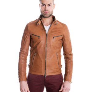 Tan Nappa Lamb Quilted Leather Biker Jacket