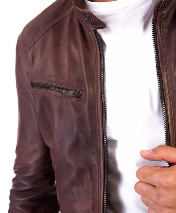 Brown Nappa Lamb Leather Jacket Four Pockets korean Collar