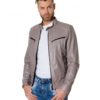 Grey Colour Lamb Leather Jacket Mao Collar Vintage Aspect