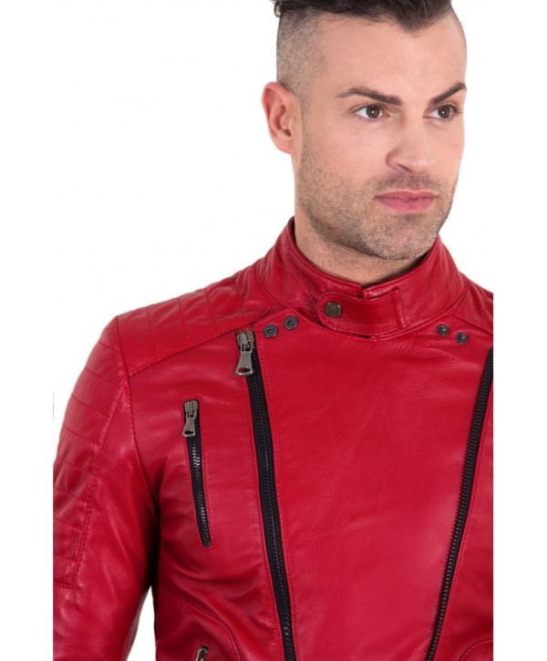 Red Color Nappa Lamb Leather Biker Perfecto Jacket Smooth Effect