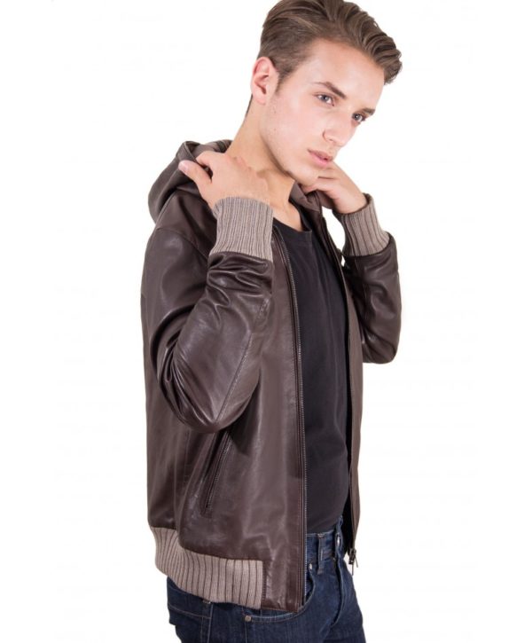 BROWN LAMB LEATHER HOODED BOMBER JACKET