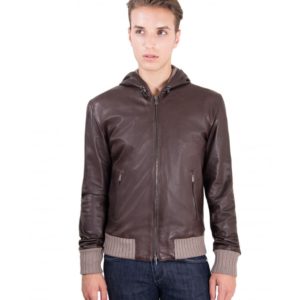 BROWN LAMB LEATHER HOODED BOMBER JACKET