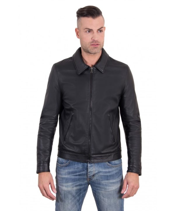 Black Color Nappa Lamb Leather Jacket Shirt Collar