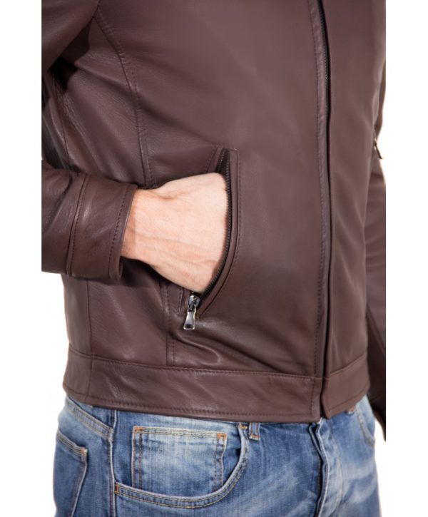 Dark Brown color Nappa Lamb Leather Jacket Shirt Collar