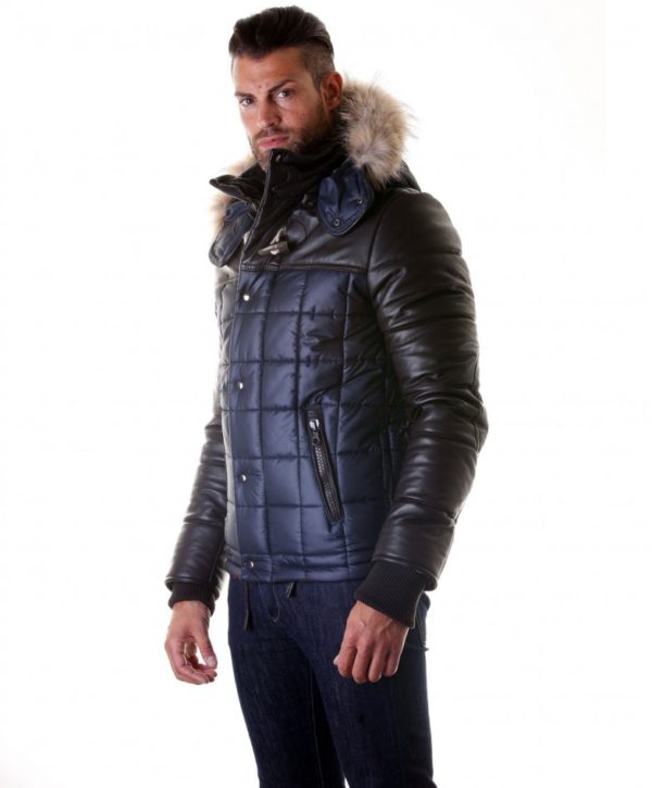 Blue Brown Leather Fabric Down Hooded Jacket