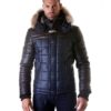 Blue Brown Leather Fabric Down Hooded Jacket