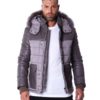 Grey Leather Fabric Down Hooded Jacket