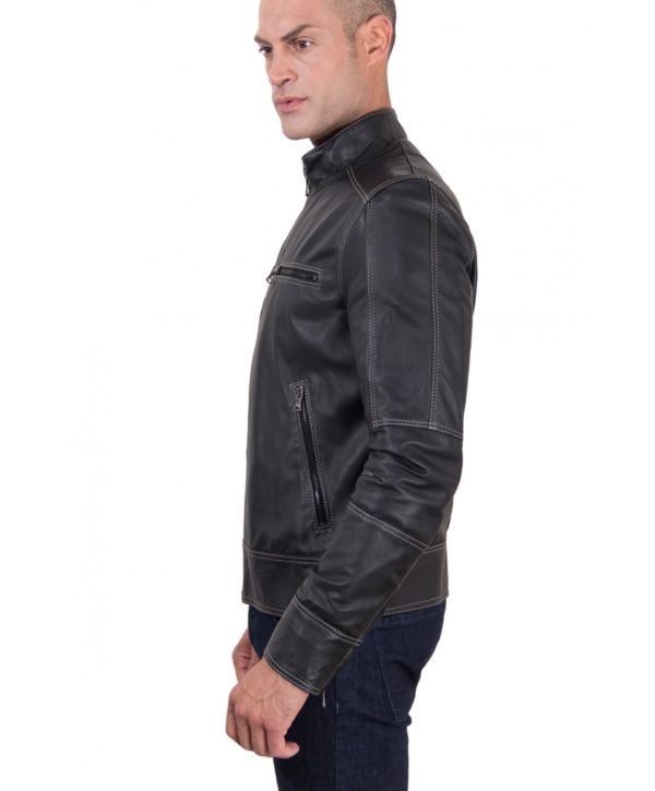 Black Lamb Leather Jacket Contrast Stitching