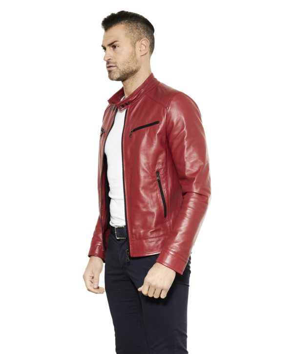 Red Nappa Lamb Leather Jacket Four Pockets korean Collar