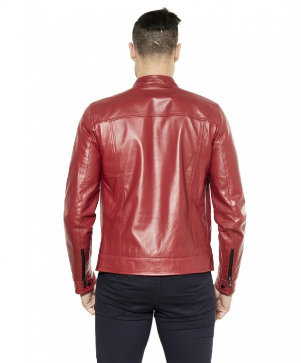 Red Nappa Lamb Leather Jacket Four Pockets Korean Collar