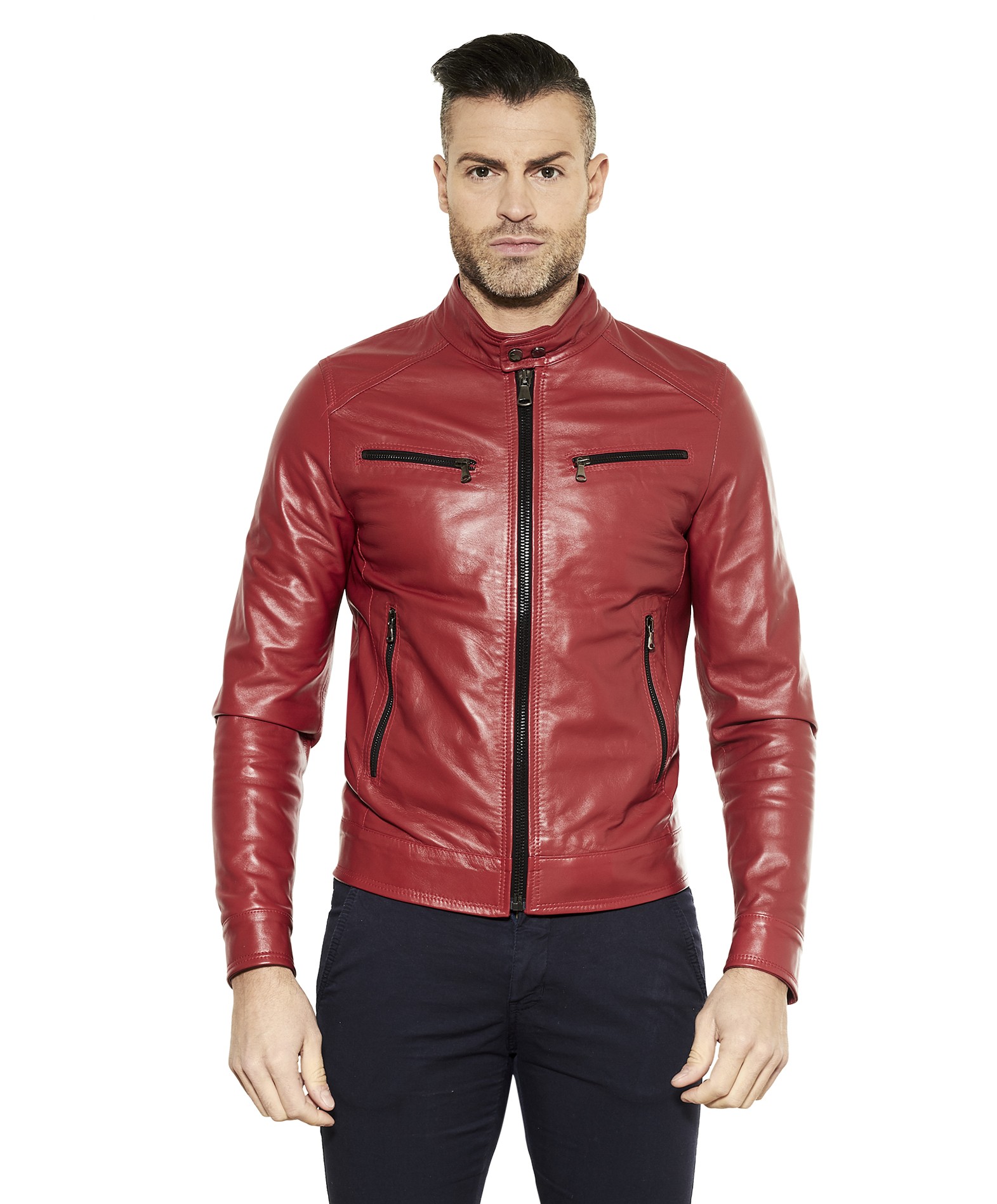 HAMILTON - Red Nappa Lamb Leather Jacket Four Pockets korean