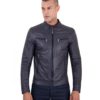 Blue Vintage Effect Lamb leather jacket Four Pockets korean Collar