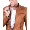 Tan Vintage Effect Lamb Leather Jacket Four Pockets korean Collar