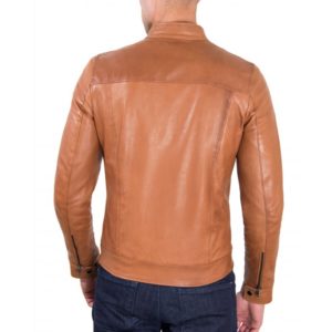 Tan Vintage Effect Lamb Leather Jacket Four Pockets korean Collar