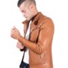 Tan Vintage Effect Lamb Leather Jacket Four Pockets Korean Collar