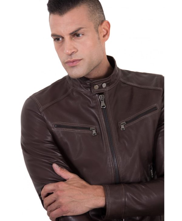 Brown Vintage Effect Lamb Leather Jacket Four Pockets korean Collar