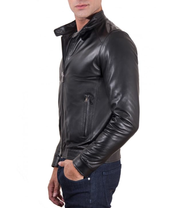 Black Nappa Lamb Leather Jacket Korean Collar