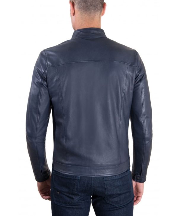 Blue Vintage Effect Lamb Leather Jacket Korean Collar