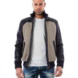 Blue Leather Bomber Jacket Front Woven Wool