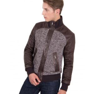 BROWN LAMB LEATHER BOMBER JACKET WOVEN CLOTH