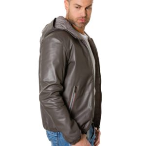 Grey Lamb Leather Bomber Hooded Jacket