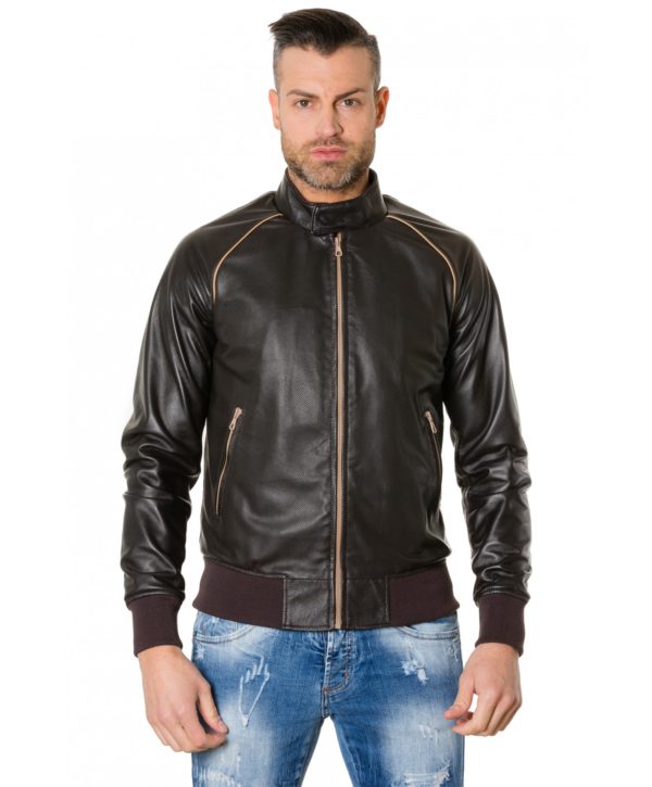 Dark Brown Colour – Perfored Leather Bomber Jacket Smooth Aspect