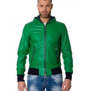 Green/Blue Colour Lamb Leather Hooded Jacket Smooth Aspect