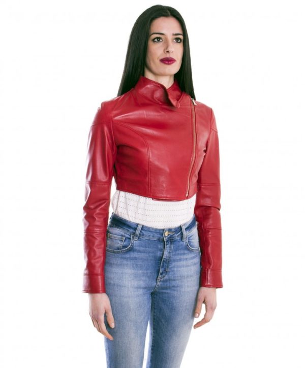 Red Color Nappa Lamb Short Leather Jacket Smooth Effect