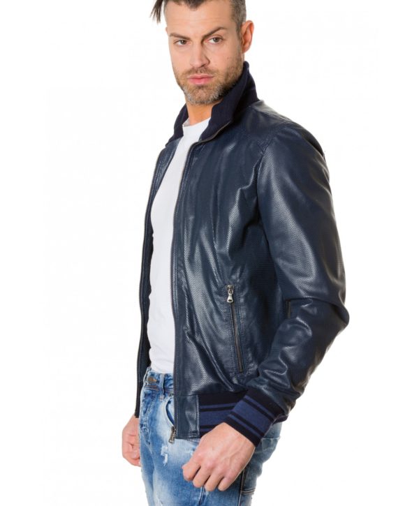 Blue Colour Perforated Leather Jacket Bicoloured Collar