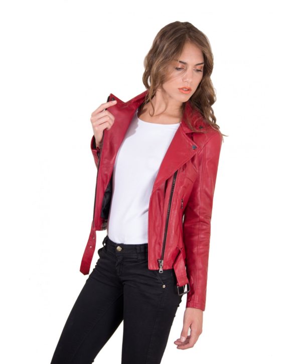 Red Color Nappa Lamb Leather Belted Jacket Smooth Effect