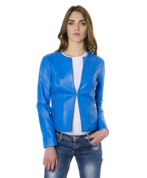 Sky Blue Color Lamb Leather Round Neck Jacket