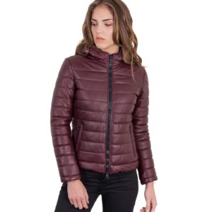 Red Purple Color Nappa Lamb Leather Down Jacket Smooth Effect