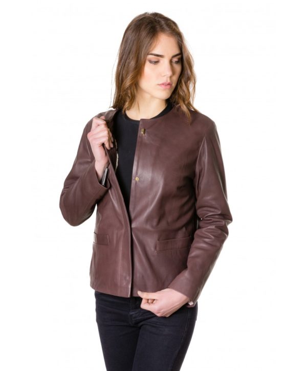 Brown Colour Women Lamb Leather Jacket Smooth Aspect
