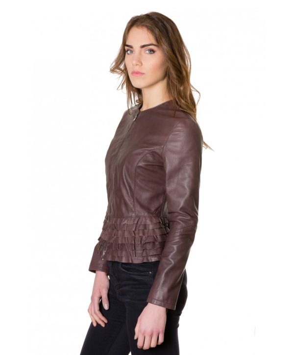Brown Color Nappa Lamb Leather Rouches Jacket Smooth Effect