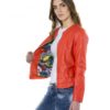Coral Color Lamb Leather Jacket With Flounces