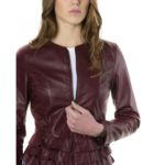 Red Purple Color Nappa Lamb Leather Jacket With Flounces