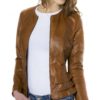 Tan Color Lamb Leather Jacket With Flounces