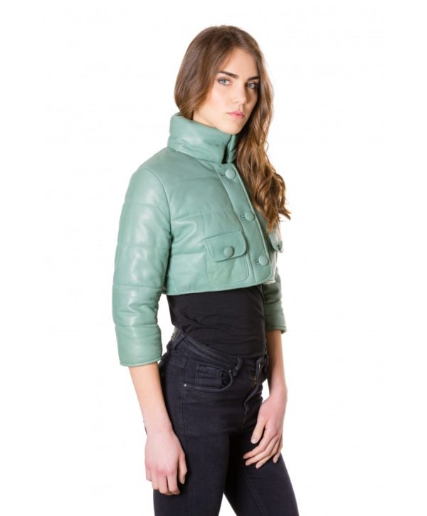 Green Colour Nappa Lamb Short Leather Jacket Smooth Aspect