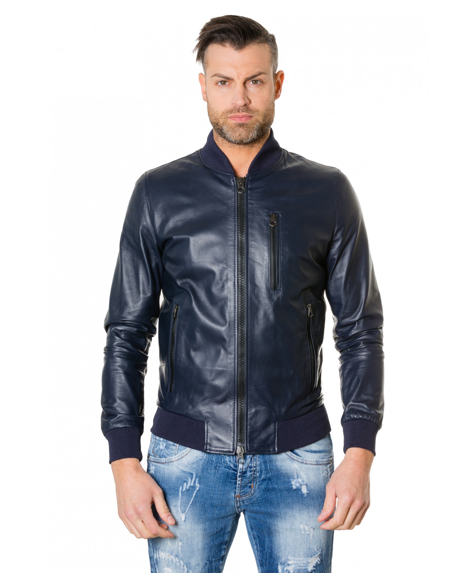 GAUDI - Blue Colour - Leather Bomber Jacket Smooth Aspect - Ayaan Products
