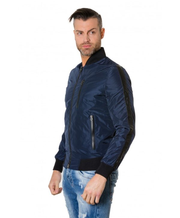 Blue Navy Colour Fabric Bomber Jacket With Leather inserts