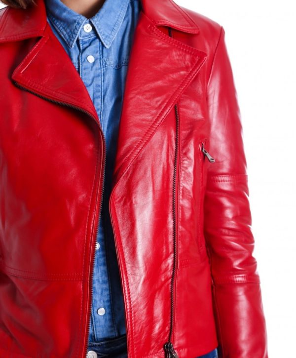 Red Color Nappa Lamb Leather Perfecto Jacket Smooth Effect