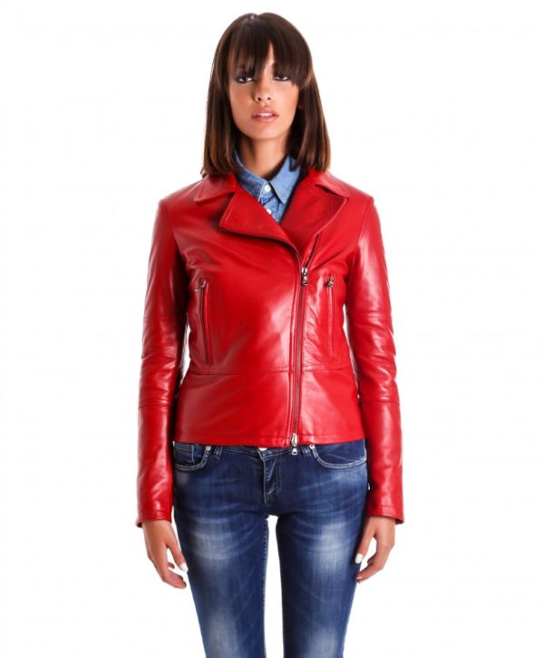 Red Color Nappa Lamb Leather Perfecto Jacket Smooth Effect