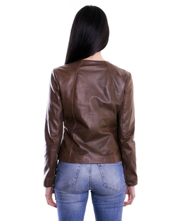 Brown Color Nappa Lamb Leather Short Jacket Smooth Effect