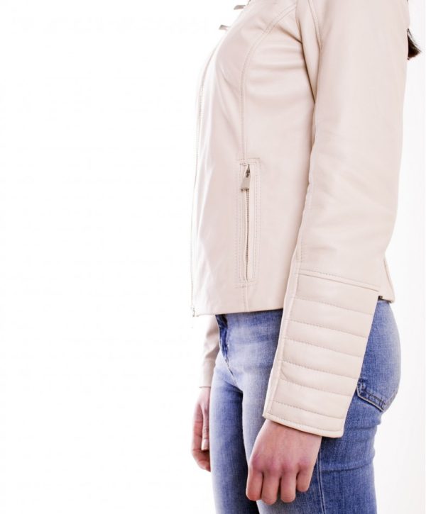 Cream Color Nappa Lamb Quilted Leather Jacket Smooth Effect