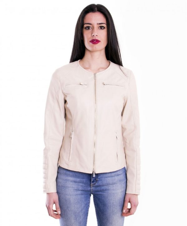Cream Color Nappa Lamb Quilted Leather Jacket Smooth Effect