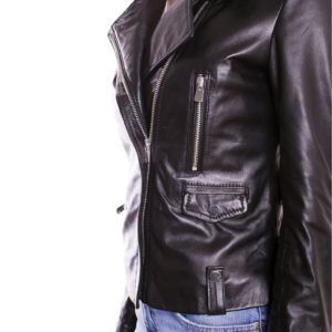 Black Color Lamb Leather Biker Jacket Smooth Effect