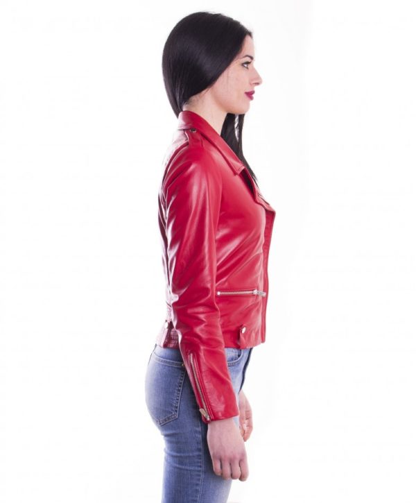 Red Color Lamb Leather Biker Jacket Smooth Effect